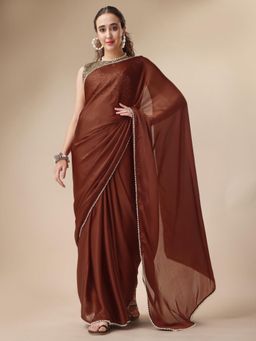 Nyri - Brown Satin Colourblocked Party Designer Saree with Unstitched Blouse