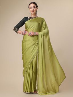 Nyri - Green Satin Colourblocked Party Designer Saree with Unstitched Blouse