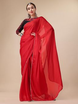 Nyri - Red Satin Colourblocked Party Designer Saree with Unstitched Blouse