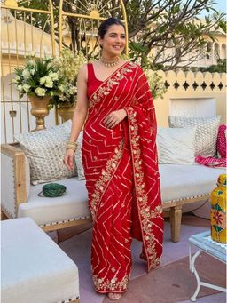 Nyri - Lehriya Embellished Embroidered Printed Georgette Saree with Unstitched Blouse