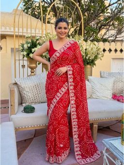 Nyri - Bandhani Embellished Embroidered Printed Georgette Saree with Unstitched Blouse