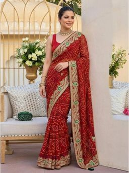 Nyri - Bandhani Embellished Embroidered Printed Georgette Saree with Unstitched Blouse