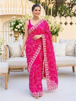Nyri - Bandhani Embellished Embroidered Printed Georgette Saree with Unstitched Blouse