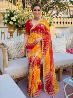 Nyri - Lehriya Embellished Gotta Patti Printed Georgette Saree with Unstitched Blouse