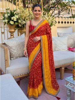 Nyri - Printed Embroidered Bandhani Saree with Unstitched Blouse