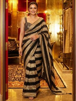 Nyri - Embellished Embroidered Satin Mirrorwork Saree with Unstitched Blouse