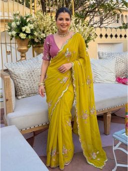 Nyri - Embroidered Embellished Georgette Saree with Unstitched Blouse