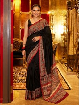 Nyri - Printed Ajrak Satin Silk Saree with Unstitched Blouse