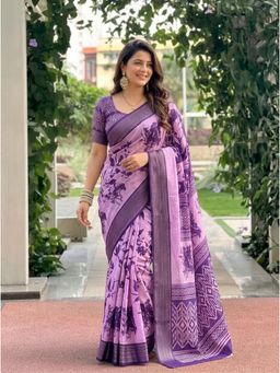 Nyri - Printed Linen Saree with Unstitched Blouse with Zari Border
