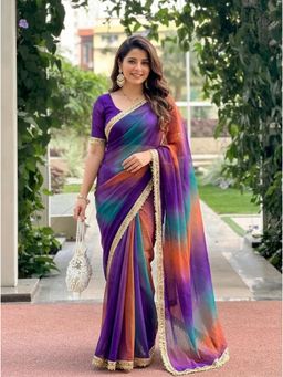 Nyri - Printed Embellished Chiffon Saree with Unstitched Blouse