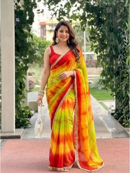 Nyri - Printed Embellished Chiffon Saree with Unstitched Blouse