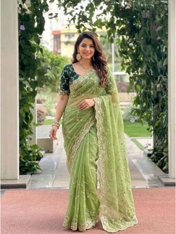 Nyri - Embroidered Embellished Sequinned Georgette Saree with Unstitched Blouse