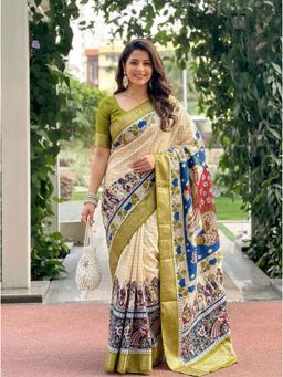 Nyri - Kalamkari Dora Silk Blend Printed Saree with Unstitched Blouse