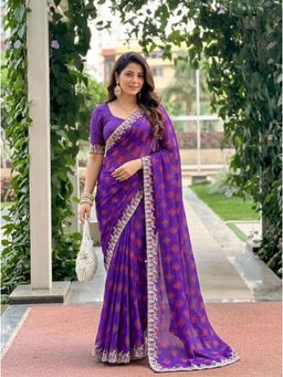 Nyri - Printed Embroidered Embellished Bandhani Chiffon Saree with Unstitched Blouse