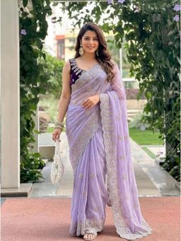 Nyri - Embroidered Embellished Sequinned Georgette Saree with Unstitched Blouse