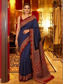 Nyri - Printed Ajrak Silk Blend Saree with Unstitched Blouse