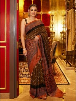 Nyri - Printed Ajrak Silk Blend Saree with Unstitched Blouse