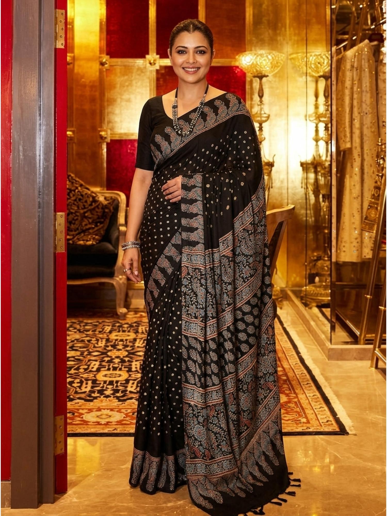 nyri Printed Ajrak Silk Blend Saree with Unstitched Blouse-picture-20
