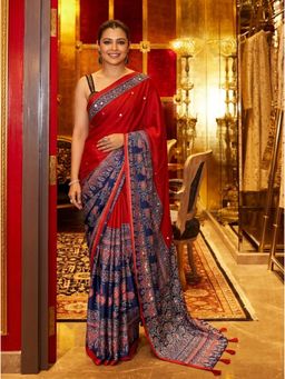 Nyri - Printed Ajrak Silk Blend Saree with Unstitched Blouse