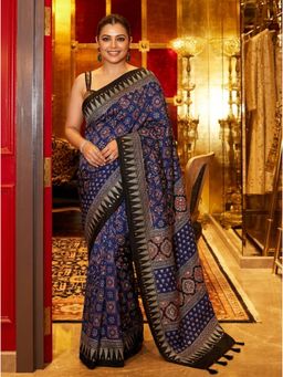 Nyri - Printed Ajrak Silk Blend Saree with Unstitched Blouse