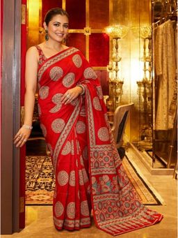 Nyri - Printed Ajrak Silk Blend Saree with Unstitched Blouse