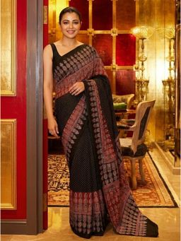 Nyri - Block Printed Silk Blend Saree with Unstitched Blouse