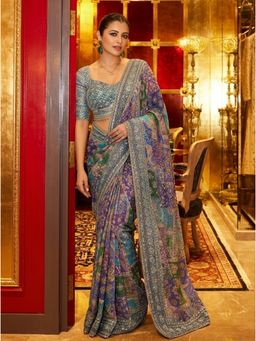 Nyri - Printed Ajrak Satin Silk Blend Saree with Unstitched Blouse