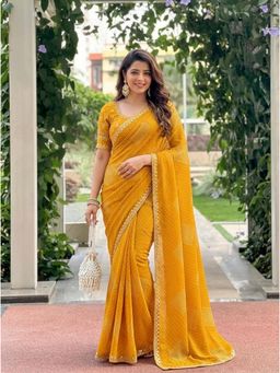 Nyri - Printed Bandhani Embellished Georgette Saree with Unstitched Blouse