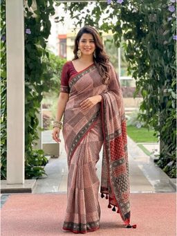 Nyri - Printed Linen Blend Saree with Unstitched Blouse