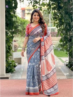 Nyri - Printed Linen Blend Saree with Unstitched Blouse