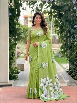 Nyri - Printed Linen Blend Saree with Unstitched Blouse