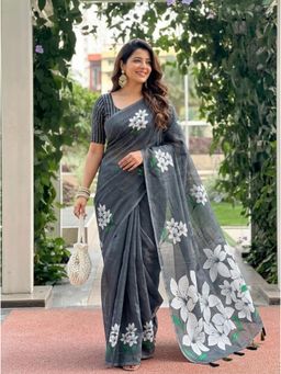 Nyri - Printed Linen Blend Saree with Unstitched Blouse