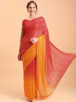 Nyri - Red Silk Blend Padding Striped Sequinned Party Heavy Saree with Unstitched Blouse
