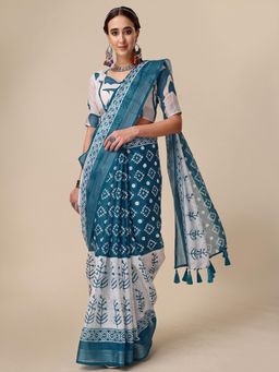 Nyri - Teal Pure Linen Printed Work Designer Saree with Unstitched Blouse