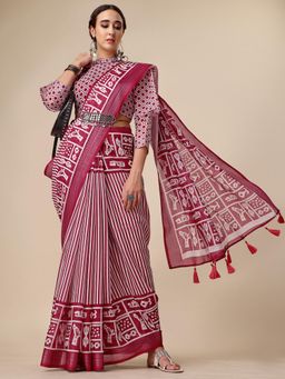 Nyri - Maroon Pure Linen Printed Work Designer Saree with Unstitched Blouse