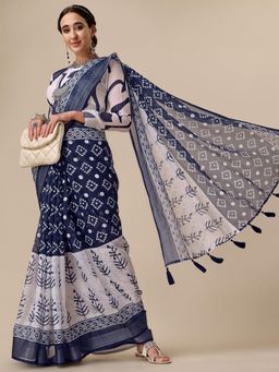 Nyri - Navy Blue Pure Linen Printed Work Designer Saree with Unstitched Blouse
