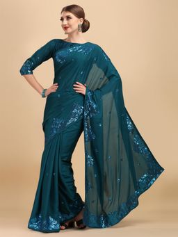 Nyri - Teal Silk Blend Embroidered Heavy Work Saree with Unstitched Blouse
