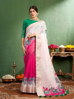 Nyri - Pure Linen Woven Zari Patta Floral Printed Saree with Unstitched Blouse