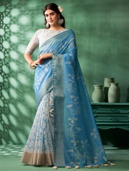 Nyri - Sky Blue Coimbatore Cotton Tie-dye Printed Zari Festive Saree with Unstitched Blouse