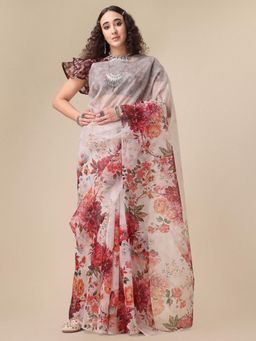 Nyri - Brown Shinny Organza Festive Saree with Unstitched Blouse
