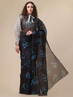 Nyri - Black Shinny Organza Festive Saree with Unstitched Blouse