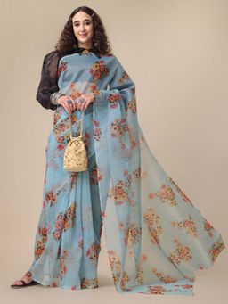 Nyri - Teal Organza Printed Festive Designer Saree with Unstitched Blouse