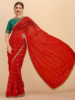 Nyri - Red Pure Georgette Perl Border Embellished Celebrity Saree with Unstitched Blouse