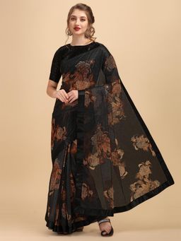 Nyri - Blooming Black Raschel Lace Embroidered Party Saree with Unstitched Blouse