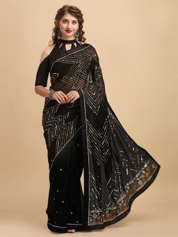Nyri - Blooming Embroidered Pure Georgette Striped Sequinned Party Saree with Unstitched Blouse