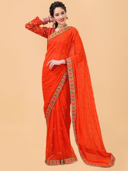 Nyri - Pure Georgette Stripe Embroidered TV Actress Saree with Unstitched Blouse