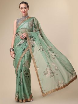 Nyri - Sea Green Organza Printed Festive Designer Saree with Unstitched Blouse