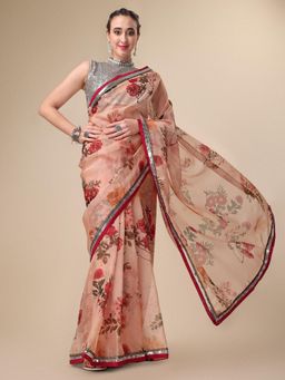 Nyri - Beige Organza Printed Festive Designer Saree with Unstitched Blouse