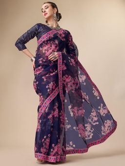 Nyri - Navy Blue Organza Printed Festive Designer Saree with Unstitched Blouse