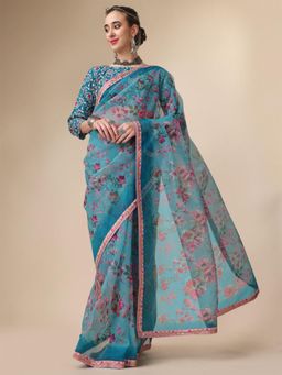 Nyri - Turquoise Blue Organza Printed Festive Designer Saree with Unstitched Blouse